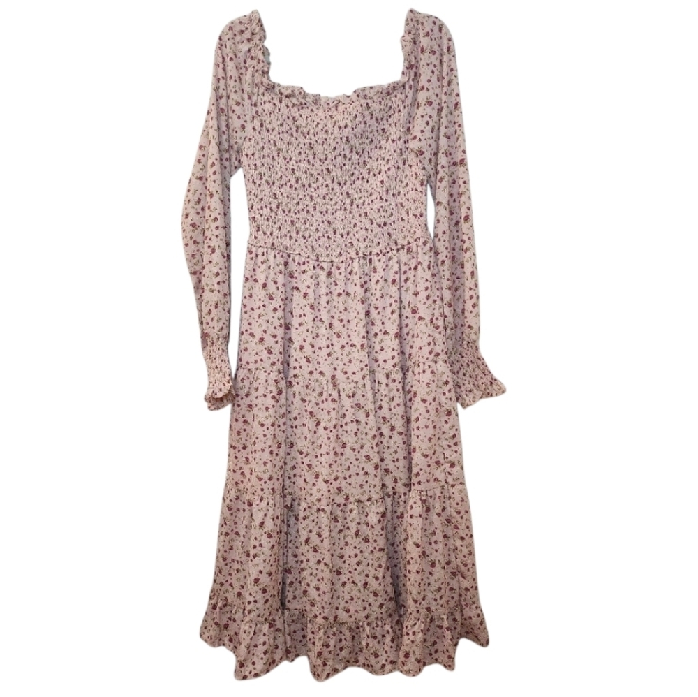 Aura Boho Floral Midi Dress Smocked Fit&Flare Long Sleeve Romantic Fluence Sz L - Picture 2 of 16